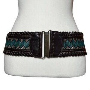 Vintage Womens Wide Brown‎ Leather Belt Green Embroidered Woven Boho Western